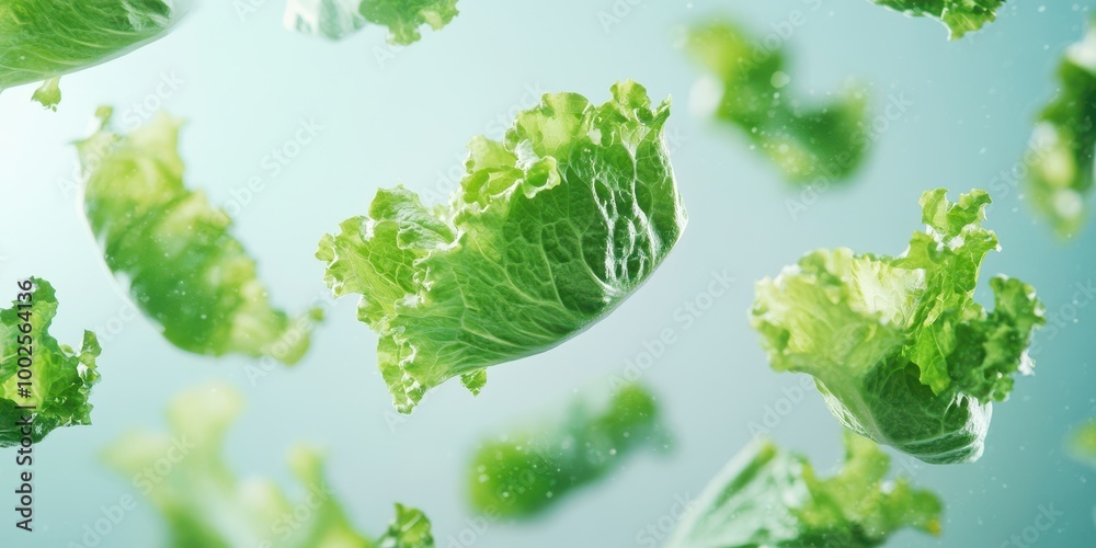 Fresh green lettuce leaves floating gracefully, showcasing their vibrant color and texture. Perfect for healthy food themes. Fresh green lettuce leaves floating gracefully, showcasing their vibrant color and texture. Perfect for healthy food themes.