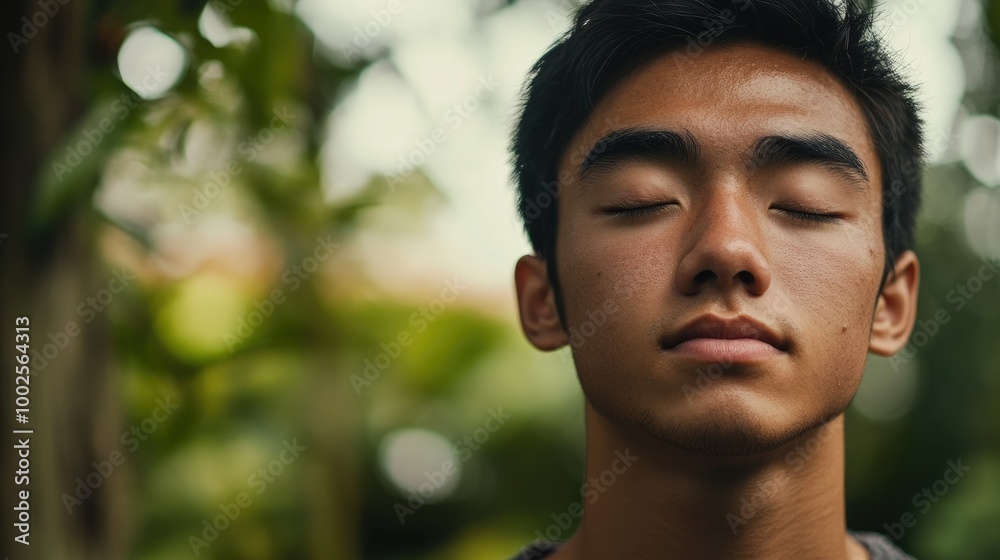 Young Man Meditating in Peaceful Natural Setting Young Man Meditating in Peaceful Natural Setting