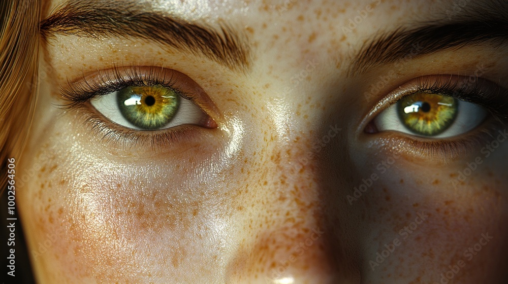 Close-up Portrait of a Woman's Green Eyes with Freckles Close-up Portrait of a Woman's Green Eyes with Freckles