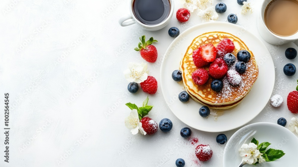 Breakfast Spread with Pancakes and Fresh Berries Breakfast Spread with Pancakes and Fresh Berries