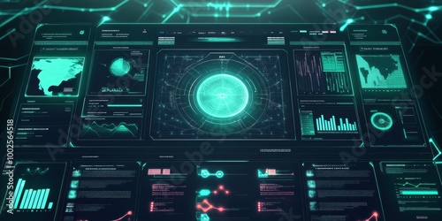 Futuristic user interface displaying data analysis and visualization with glowing elements and interactive graphs.