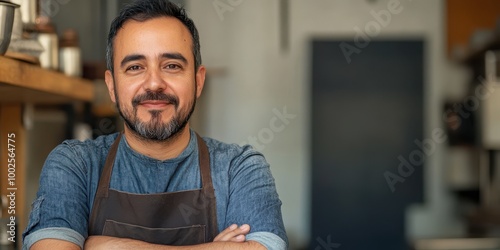 Portrait of a smiling chef in a cozy kitchen setting, showcasing culinary expertise and passion for cooking. photo