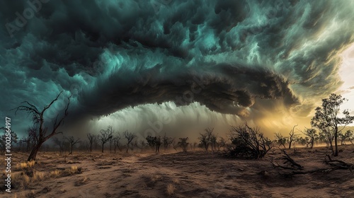 A turbulent sky filled with thick, ominous clouds rolling in, as wind-blown trees and dust emphasize the dramatic shift in the atmosphere, heralding a sudden change in weather conditions 