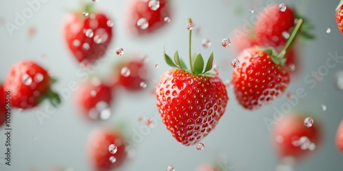 Vibrant strawberries splashing with water droplets, showcasing freshness and natural beauty in a dynamic composition.