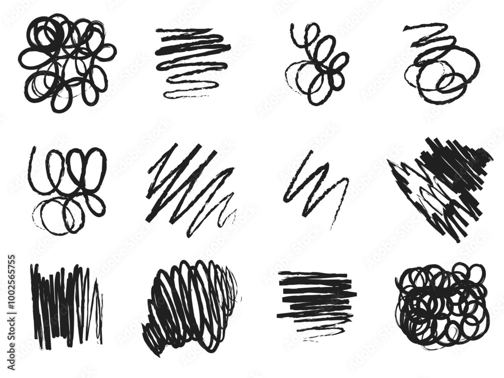 Black charcoal strokes, lines, squiggle, swirls and shapes set. Hand drawn vector abstract shapes and lines drawn with pencil or charcoal. Circles, scribbles and smears. Black charcoal strokes, lines, squiggle, swirls and shapes set. Hand drawn vector abstract shapes and lines drawn with pencil or charcoal. Circles, scribbles and smears.