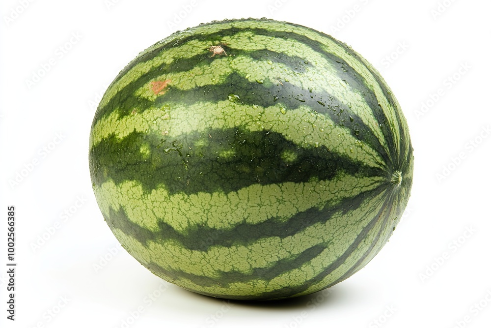 A whole watermelon with water droplets on its rind. A whole watermelon with water droplets on its rind.