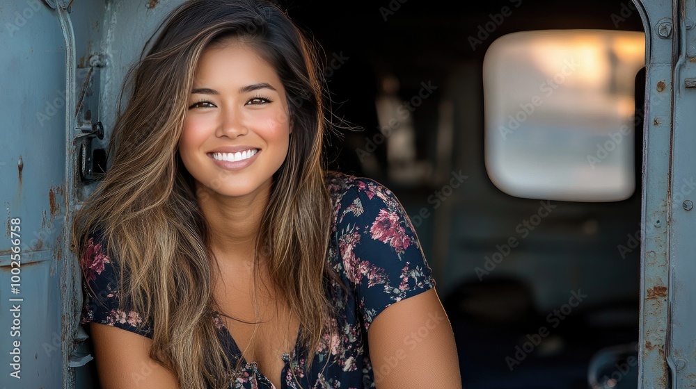 A beautiful young Thai woman enjoys her journey, smiling as she sits by the airplane window, captivated by the stunning view of the sky A beautiful young Thai woman enjoys her journey, smiling as she sits by the airplane window, captivated by the stunning view of the sky