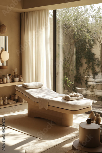 A serene spa room with a massage table by a large window overlooking a green garden