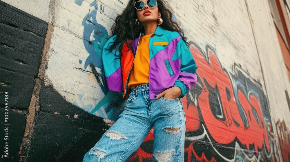 Obraz premium Stylish Young Woman in Colorful 90s Windbreaker