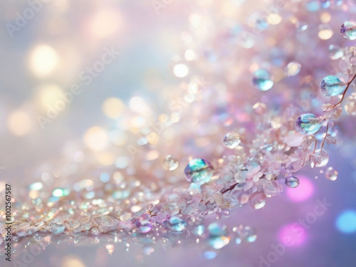 A delicate twig with mother-of-pearl petals and crystals on a blurred background in the form of bokeh highlights