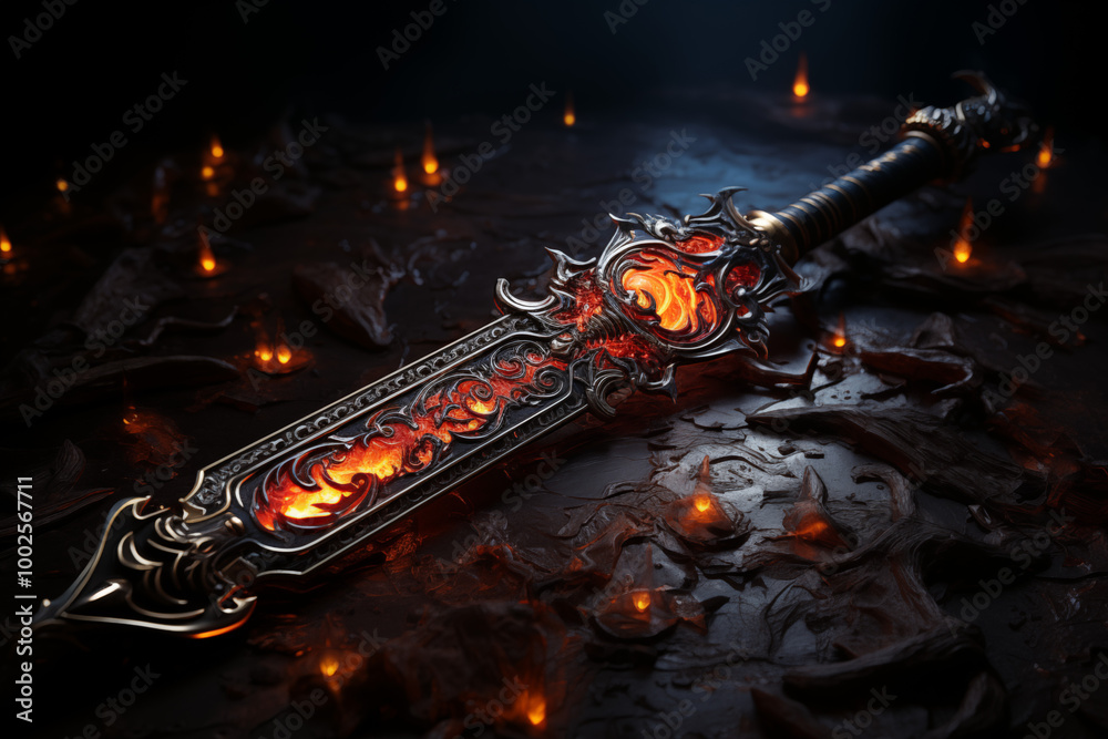 Ornate sword with fiery design, mystical mood, placed against dark background Ornate sword with fiery design, mystical mood, placed against dark background