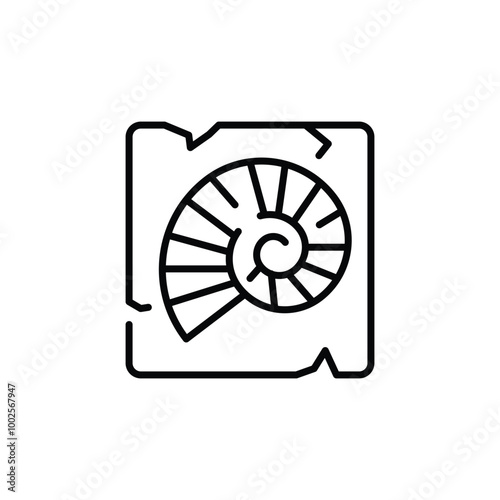 Fossilized ammonite icon. Minimal line art depicting a spiral ammonite fossil encased in a cracked square frame. Perfect for archaeological and fossil-related projects. Vector illustration