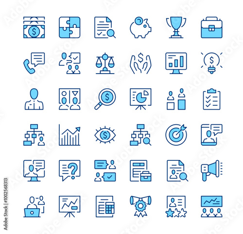 Business consulting icons. Outline symbols. Vector blue line icons set