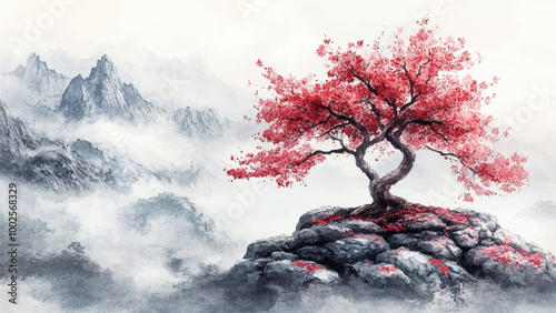 Oriental Cherry Tree Growing On A Rock In The Middle Of A Peaceful Watercolor Soft Reflections Gentle Brushstrokes And Subtle Color Gradients Create A Tranquil And Elegant Scene