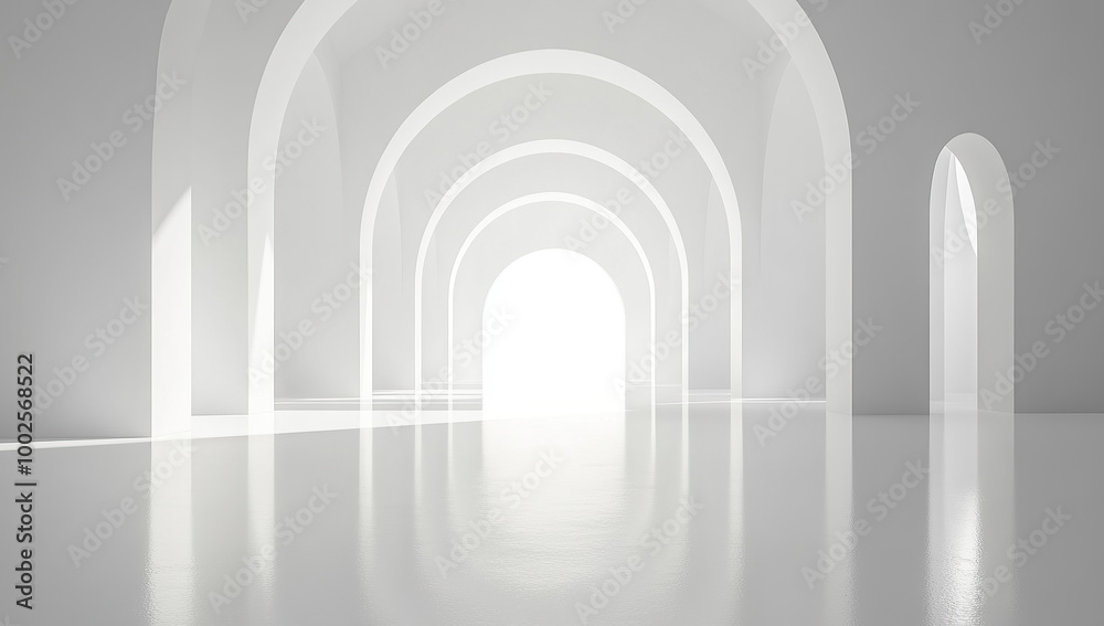 Fototapeta premium White geometric shapes and arches in an empty room with bright light from the center