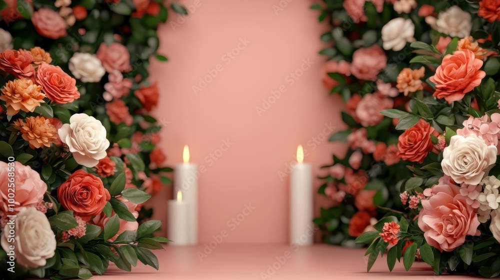 Obraz premium Classic wedding, church aisle with floral arrangements and candles, 3D illustration