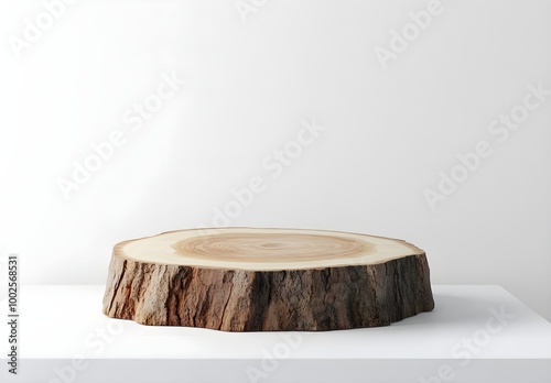 Fototapeta Naklejka Na Ścianę i Meble -  Wooden podium for product presentation mock-up with a wood slice on a white background, minimal design, 3D rendering. 