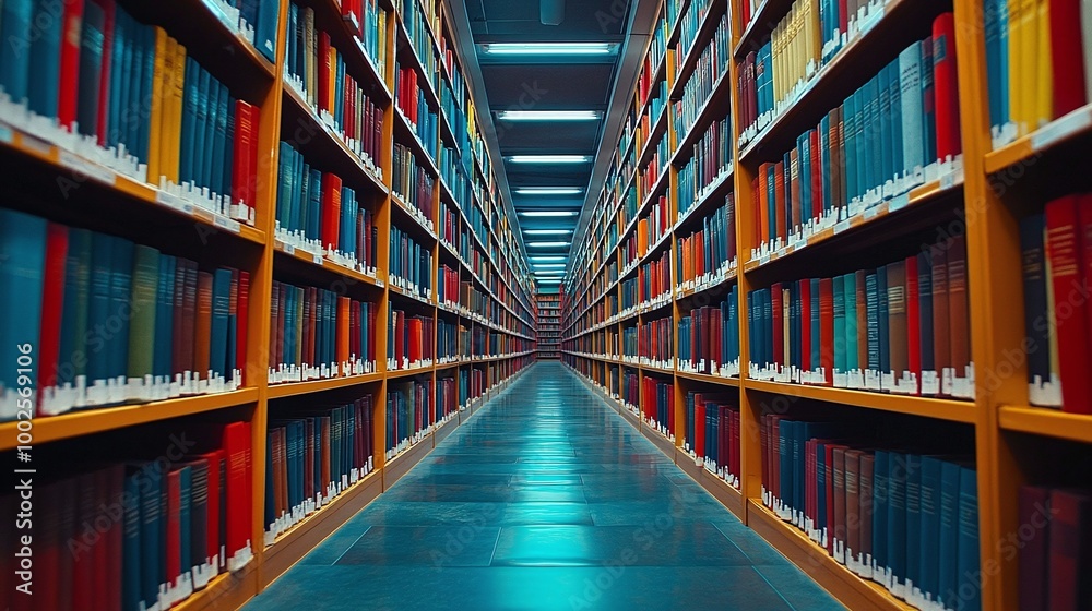 bookshelves in a public library lining a long aisle, filled with colorful volumes of various sizes, providing an organized and quiet space for reading, study, and research