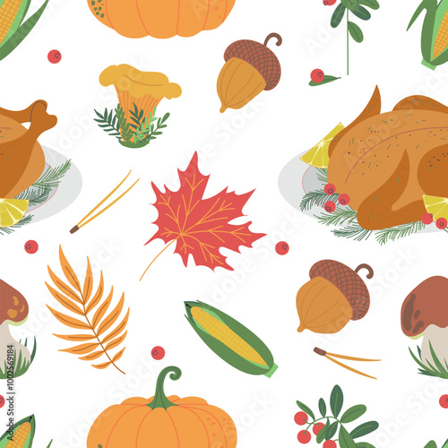 Vector seamless pattern with symbols of happy thanksgiving day celebration pumpkins, roast turkey, autumn falling leaves, chanterelle, porcini mushrooms, corn and cranberry. Hand drawn flat design