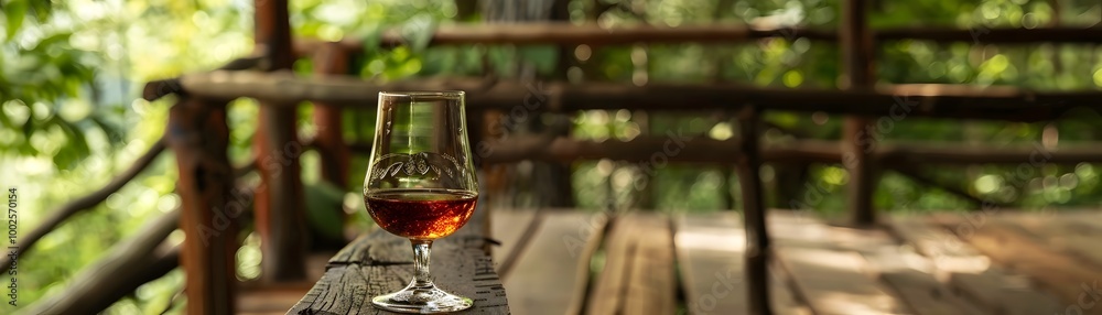 Rustic Cabin Porch with Brandy Glass and Forested Landscape Rustic Cabin Porch with Brandy Glass and Forested Landscape