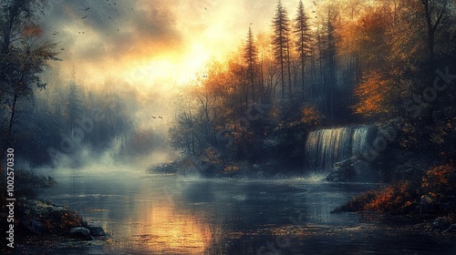 Misty Forest Waterfall Sunset Landscape Photography