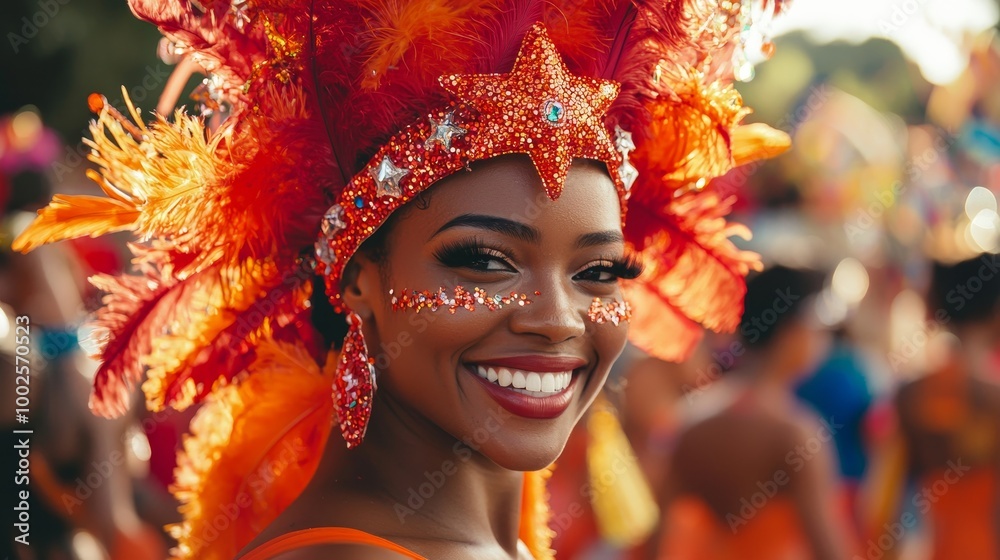 Joyful carnival dancer with a sparkling red headdress and star-shaped glitter makeup, smiling warmly. Joyful carnival dancer with a sparkling red headdress and star-shaped glitter makeup, smiling warmly.