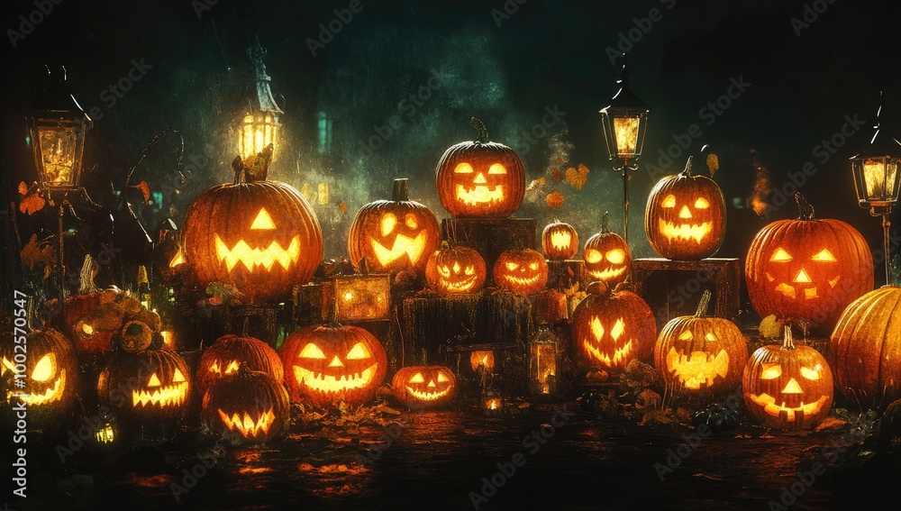 A spooky forest filled with glowing pumpkins and lanterns, creating an enchanting atmosphere for Halloween. Created with Ai