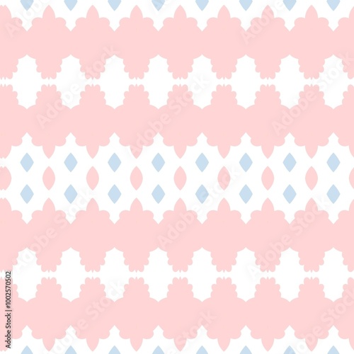 Fabric Geometric Element Illustration. Modern Batik Ikat Shape Repeat Ornament. Geometrical Background Pattern. Pink Blue Modern Traditional Wallpaper Motif. 