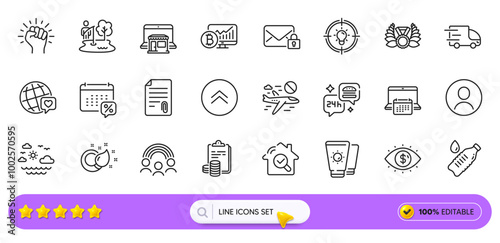 Swipe up, Business vision and Paint brush line icons for web app. Pack of Cancel flight, Inspect, Sunscreen pictogram icons. Truck delivery, World brand, Headshot signs. Laureate medal. Vector
