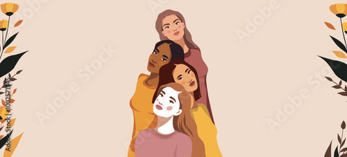 Women's Day. A group of women of different skin colors and ethnicities pose in front of flowers. Feminism. Space for ad copy, website, postcard. Movements for gender equality and women's empowerment