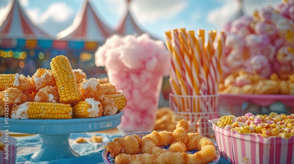 food table scene at a summer fair with a carnival theme, featuring corn ...