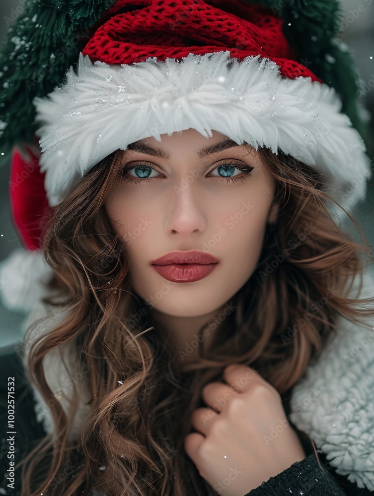 Beautiful young woman in Santa Claus hat on Christmas background. Beautiful young woman in Santa Claus hat on Christmas background.