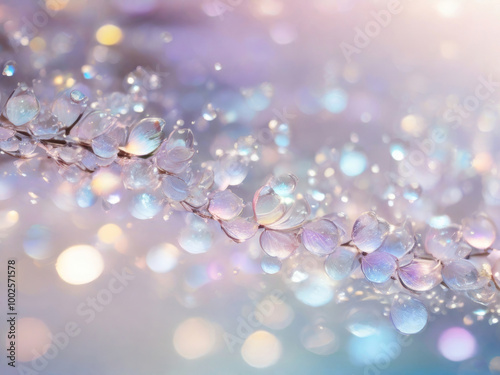 A delicate twig with mother-of-pearl petals and crystals on a blurred background in the form of bokeh highlights
