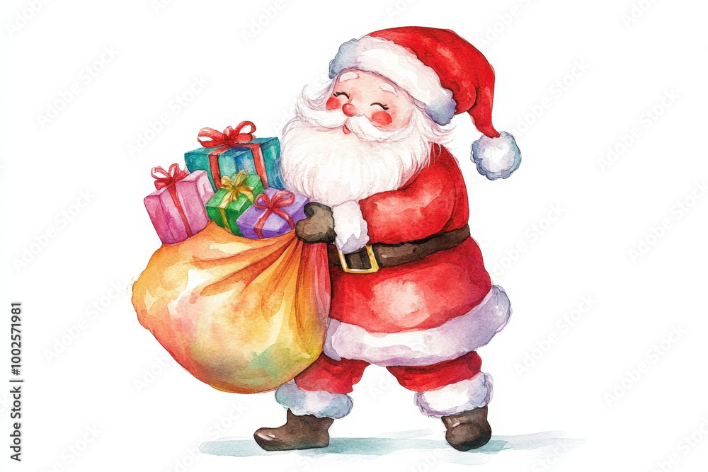 Watercolor santa claus carrying a sack full of christmas presents, a magical illustration for your holiday projects Watercolor santa claus carrying a sack full of christmas presents, a magical illustration for your holiday projects