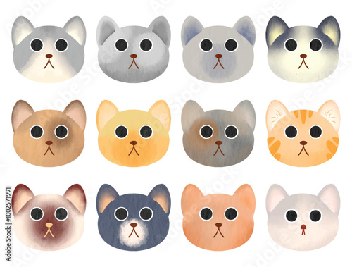 Cute cats with different color and size watercolor set