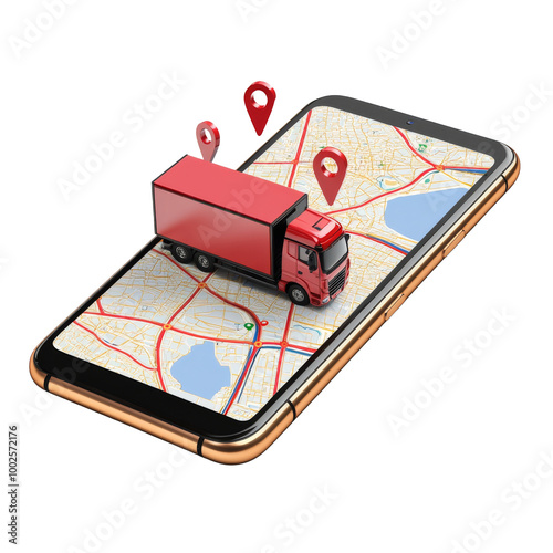 Red truck on phone map in city