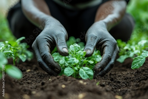 Hands Nurturing Young Green Plants in Rich Soil Close-Up photo