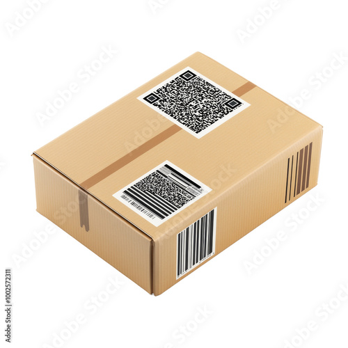 Brown box with shipping labels and QR codes