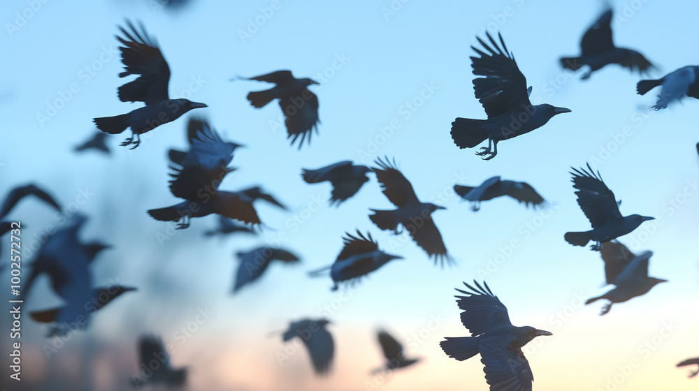 Fototapeta A large flock of crows flies in the sky. The birds covered the sky with their silhouettes