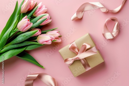 Gift Box with Pink Ribbon and Tulips on Soft Pink Background: Romantic Floral Arrangement for Spring Celebration