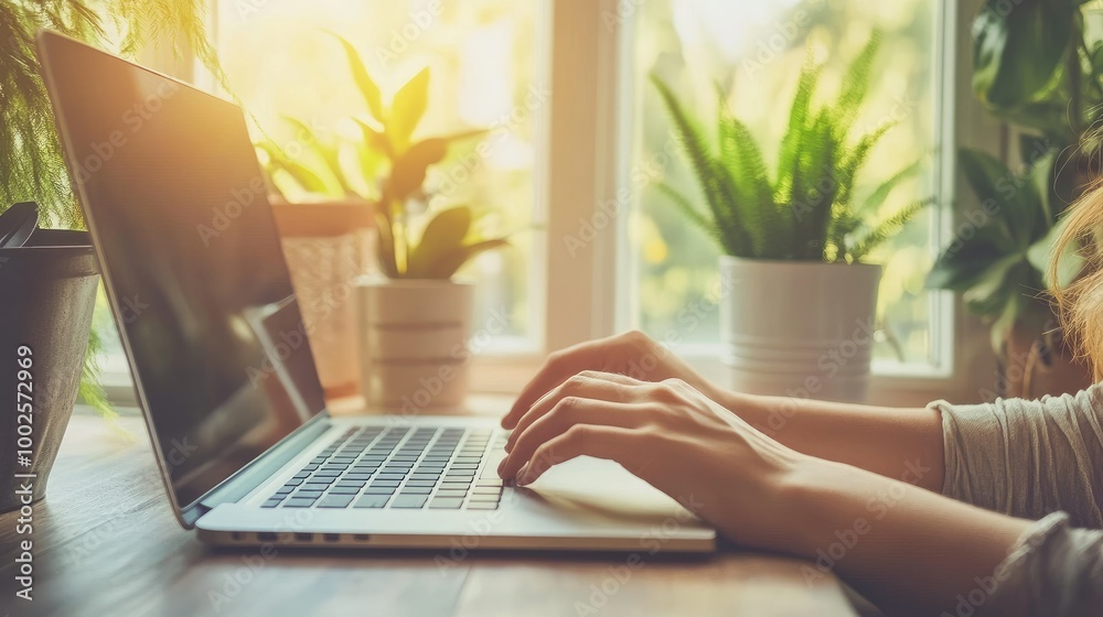 Cozy Home Office with Hands Typing on Keyboard Cozy Home Office with Hands Typing on Keyboard