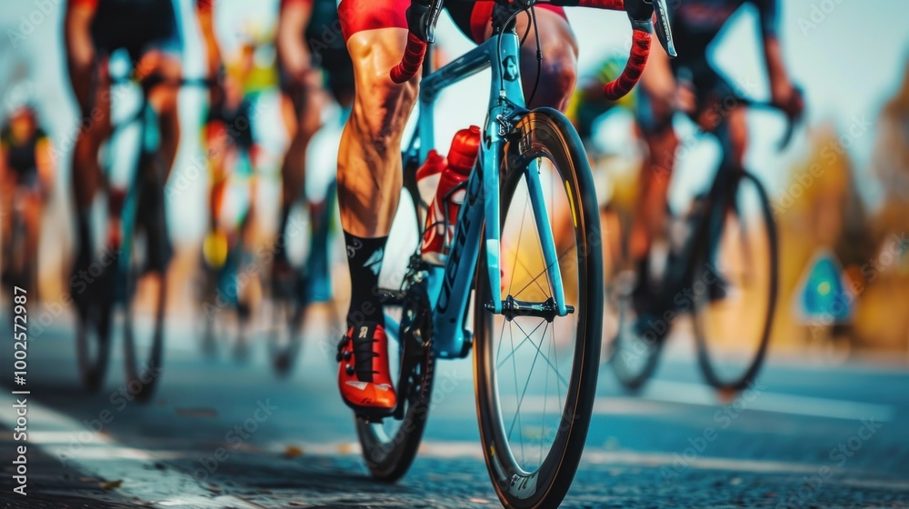 A group of cyclists are racing on the road A group of cyclists are racing on the road