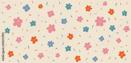 Hand drawn flowers Y2K naive seamless pattern. Vector colorful doodle funny confetti background in 70s groovy style