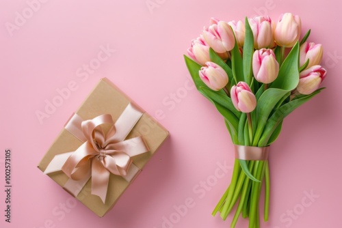 Gift Box with Pink Ribbon and Tulips on Soft Pink Background: Romantic Floral Arrangement for Spring Celebration