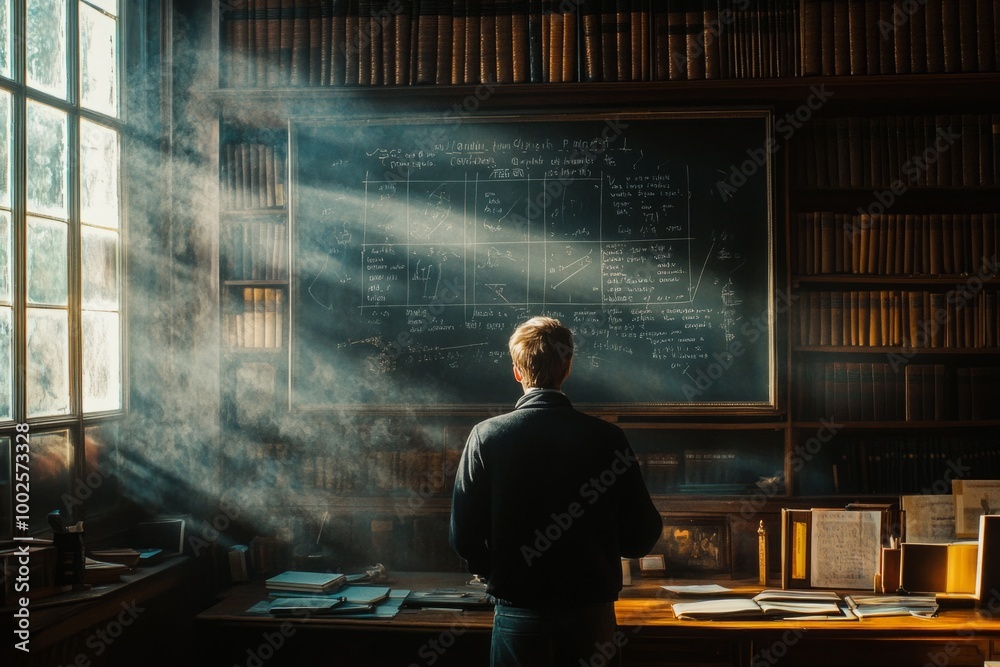 A solitary figure stands in a dusty library bathed in light. The chalkboard holds messages waiting for discovery. A moment of contemplation and learning unfolds here. Generative AI A solitary figure stands in a dusty library bathed in light. The chalkboard holds messages waiting for discovery. A moment of contemplation and learning unfolds here. Generative AI
