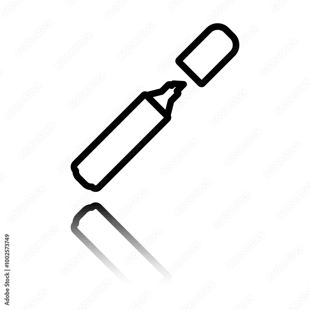 Marker, highlighter simple icon. Flat design. Black icon with mirror reflection. White background Marker, highlighter simple icon. Flat design. Black icon with mirror reflection. White background