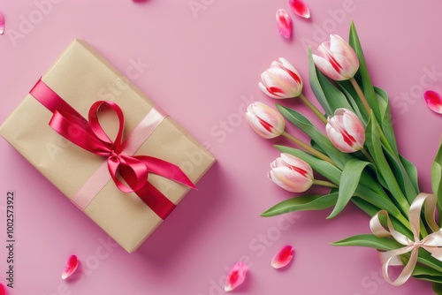 Gift Box with Pink Ribbon and Tulips on Soft Pink Background: Romantic Floral Arrangement for Spring Celebration