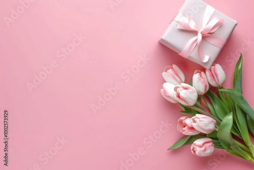 Gift Box with Pink Ribbon and Tulips on Soft Pink Background: Romantic Floral Arrangement for Spring Celebration