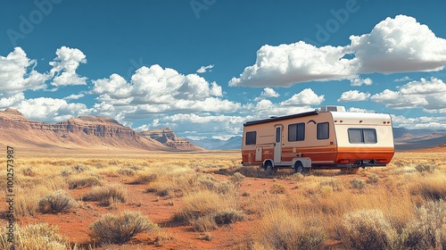 RV camper traveling through a desert nature landscape, exploring remote wilderness and enjoying a peaceful road trip, ideal for camping adventures and outdoor travel in a scenic environment