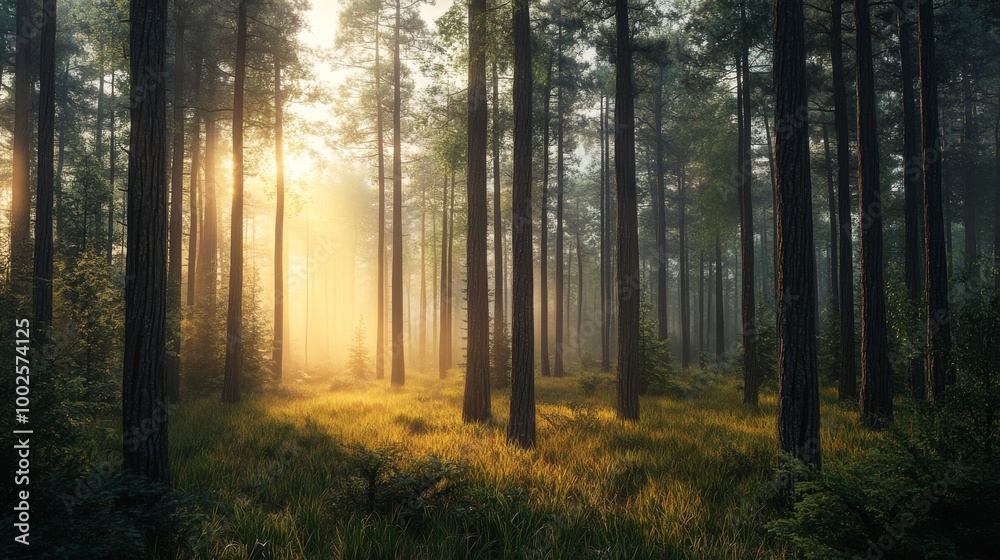 A dense forest at dawn, with a light mist hanging in the air and faint sunlight peeking through the trees A dense forest at dawn, with a light mist hanging in the air and faint sunlight peeking through the trees